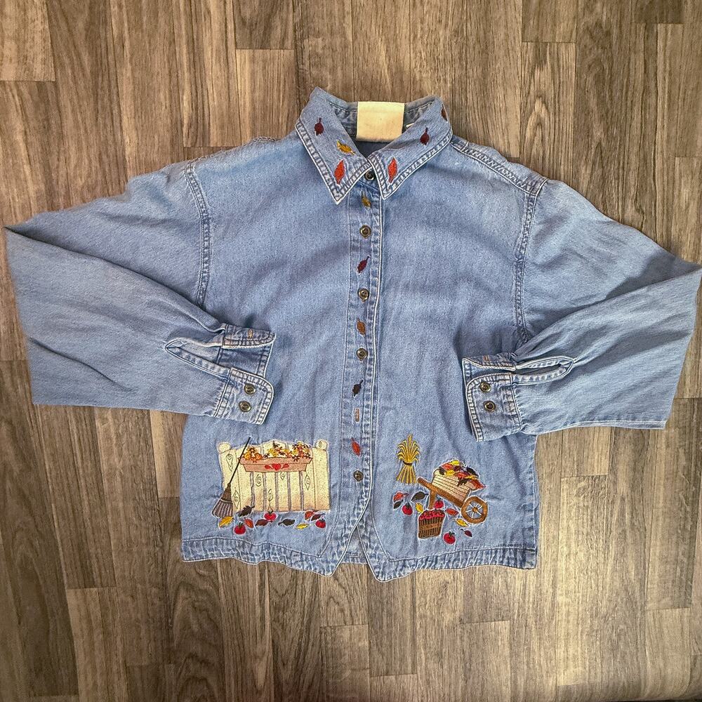Bill Blass Embroidered Denim Shirt Button Up Women Medium